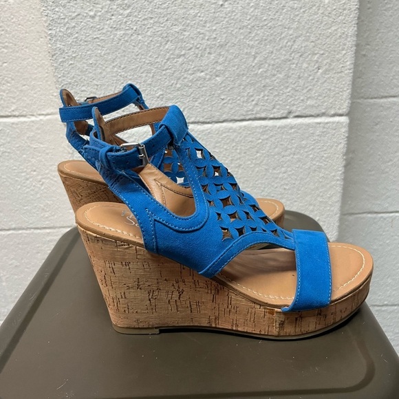 Franco Sarto Blue and Tan Laser-Cut Sandals with Cork Sole - Picture 2 of 6